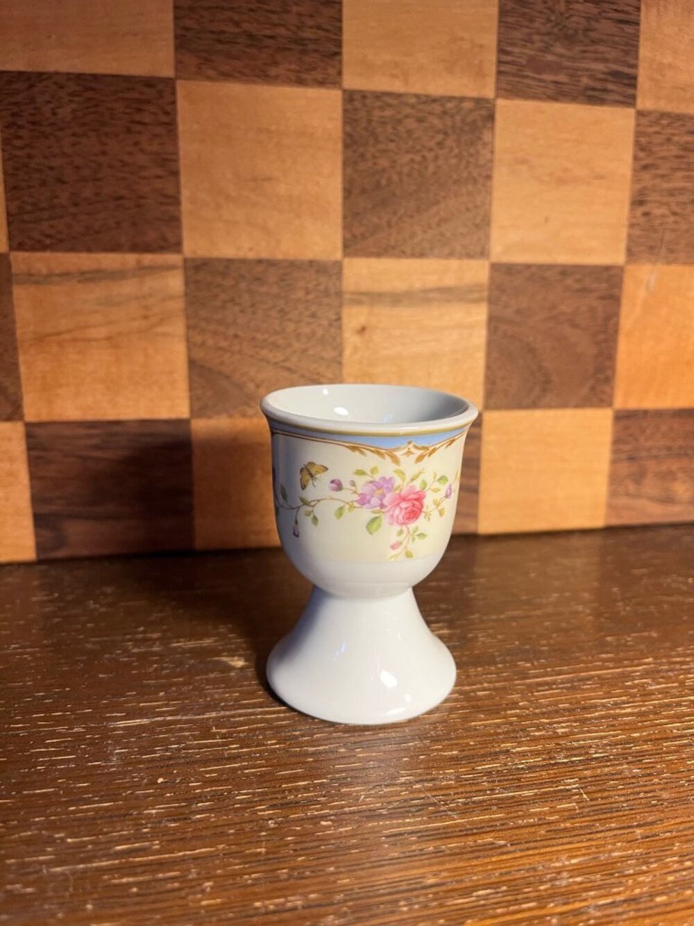 Porcelain Floral Butterfly Blue Bordered Egg Cup A1068